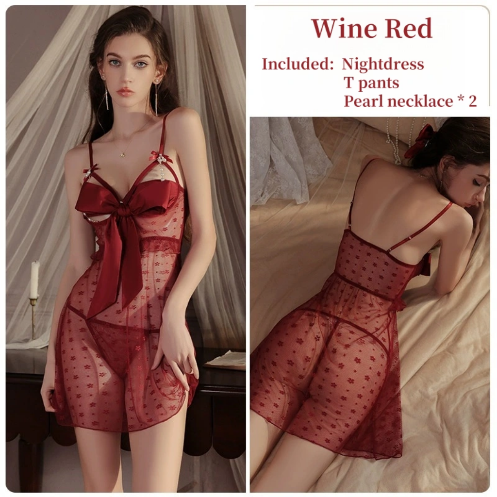 Picture of Luxurious and Sweet Sheer Net Nightgown with Pearl and Bow Decoration